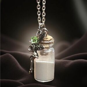 Tiny and Enchanting Silver Fairy Dust with Tinker Bell Charm and Green Gem